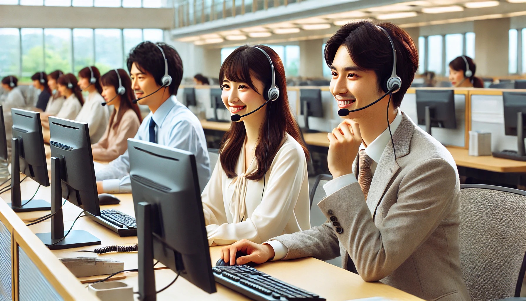 お客様サポートのコールセンターで電話対応する人たち