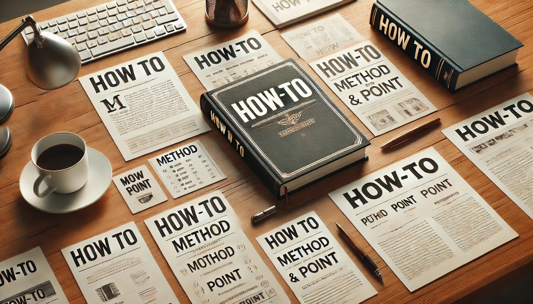 デスクの上のハウツー本、やり方やポイントが書かれた資料