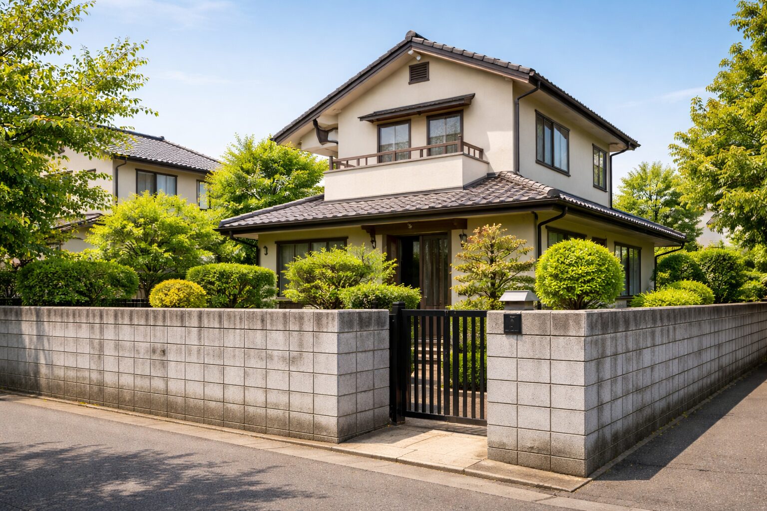 ブロック塀に囲まれた戸建ての家