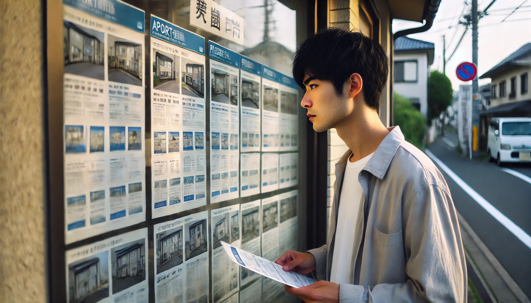 不動産屋で物件間取り図を見る男性