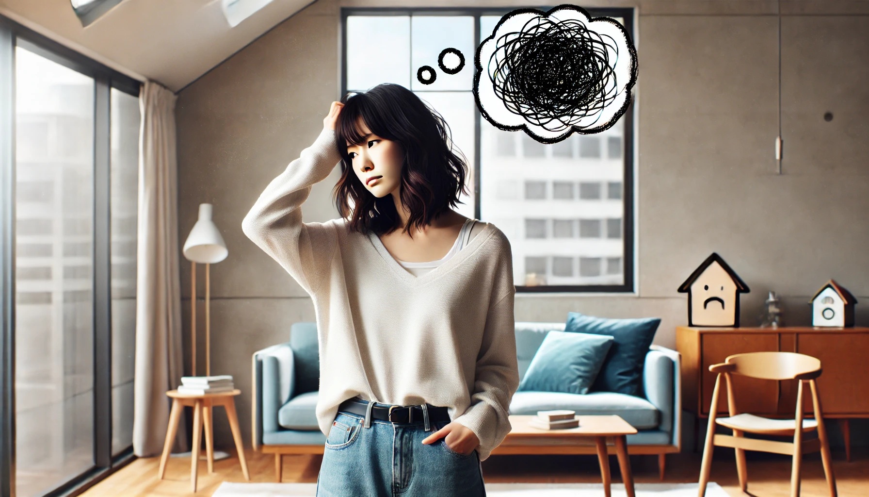 困った表情でお手上げの女性