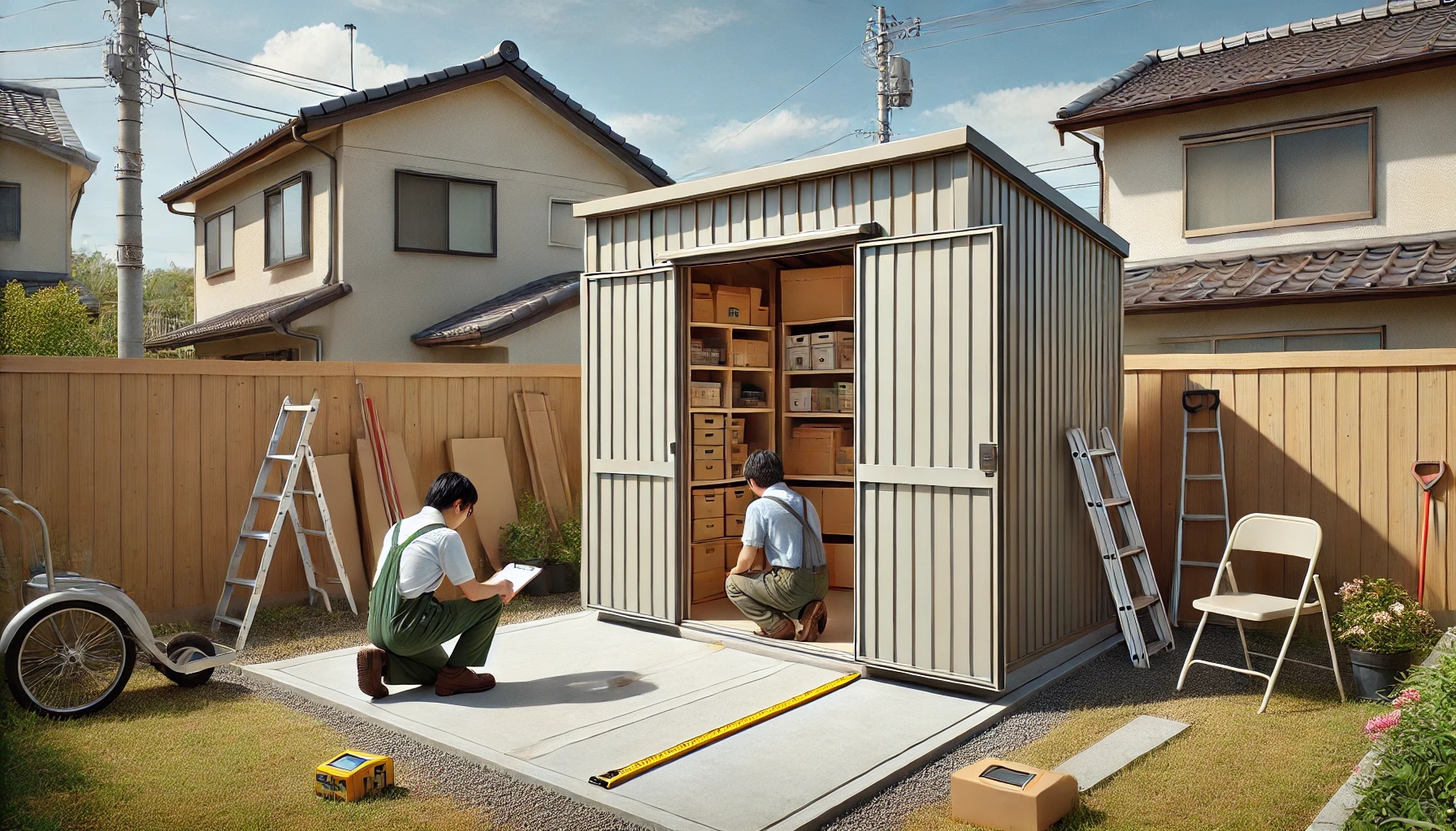 庭の物置、倉庫を下見する業者