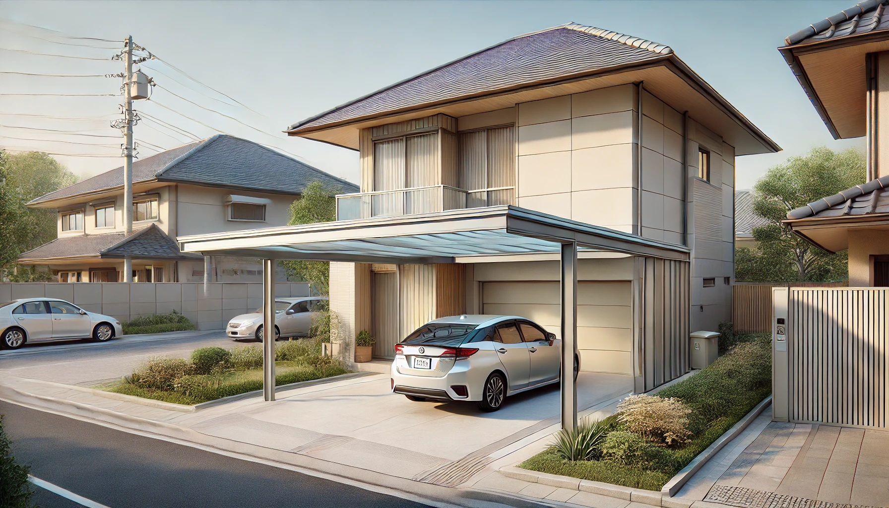 戸建ての家のカーポートと駐車した車