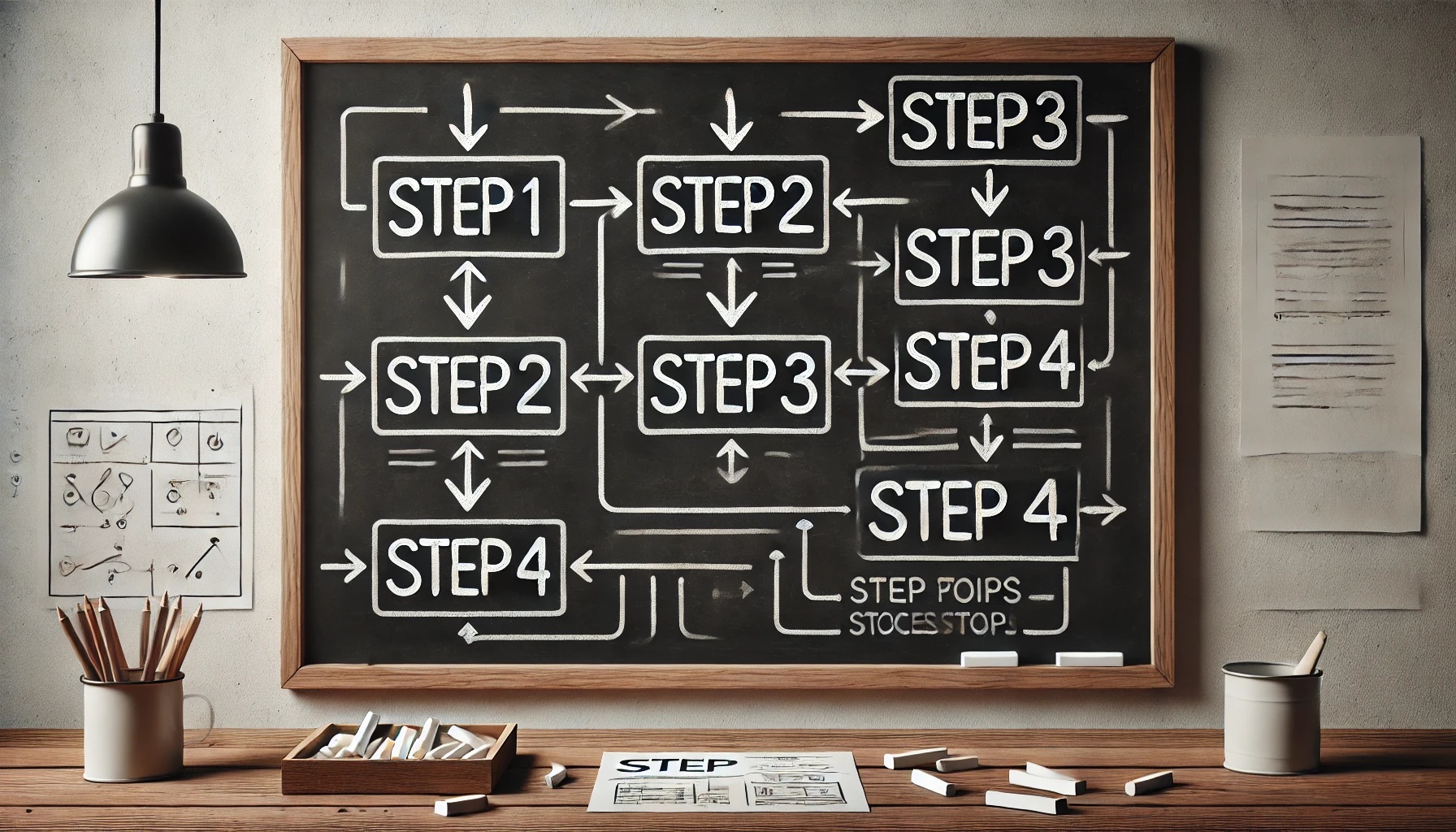手順、ステップの説明が書かれた黒板