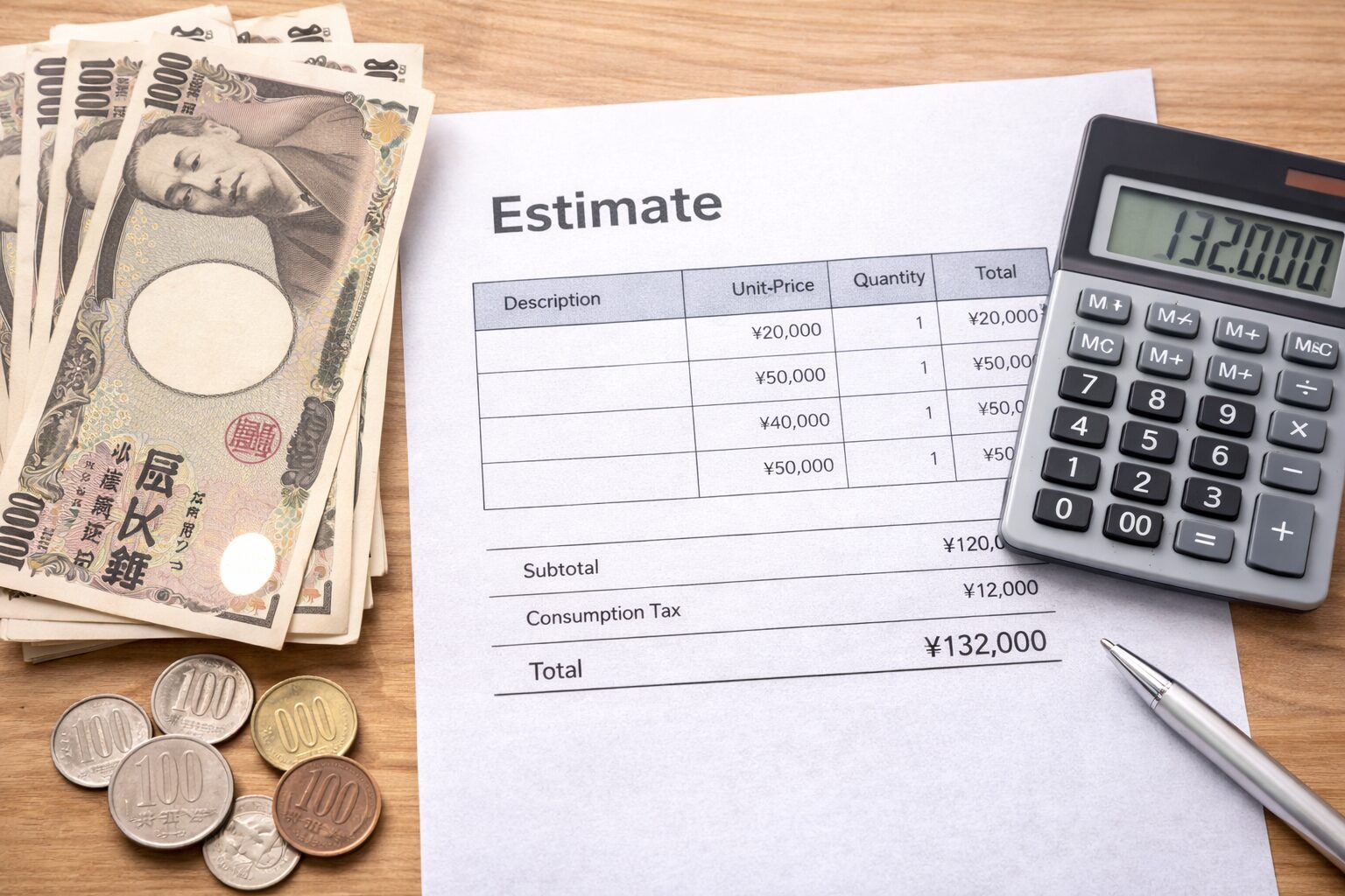 料金が書かれた見積書と現金、電卓.