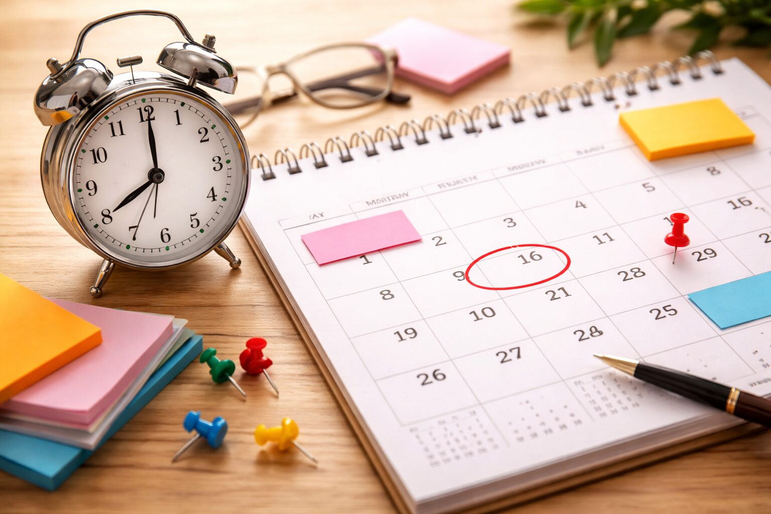 机の上のスケジュール帳、カレンダーと時計