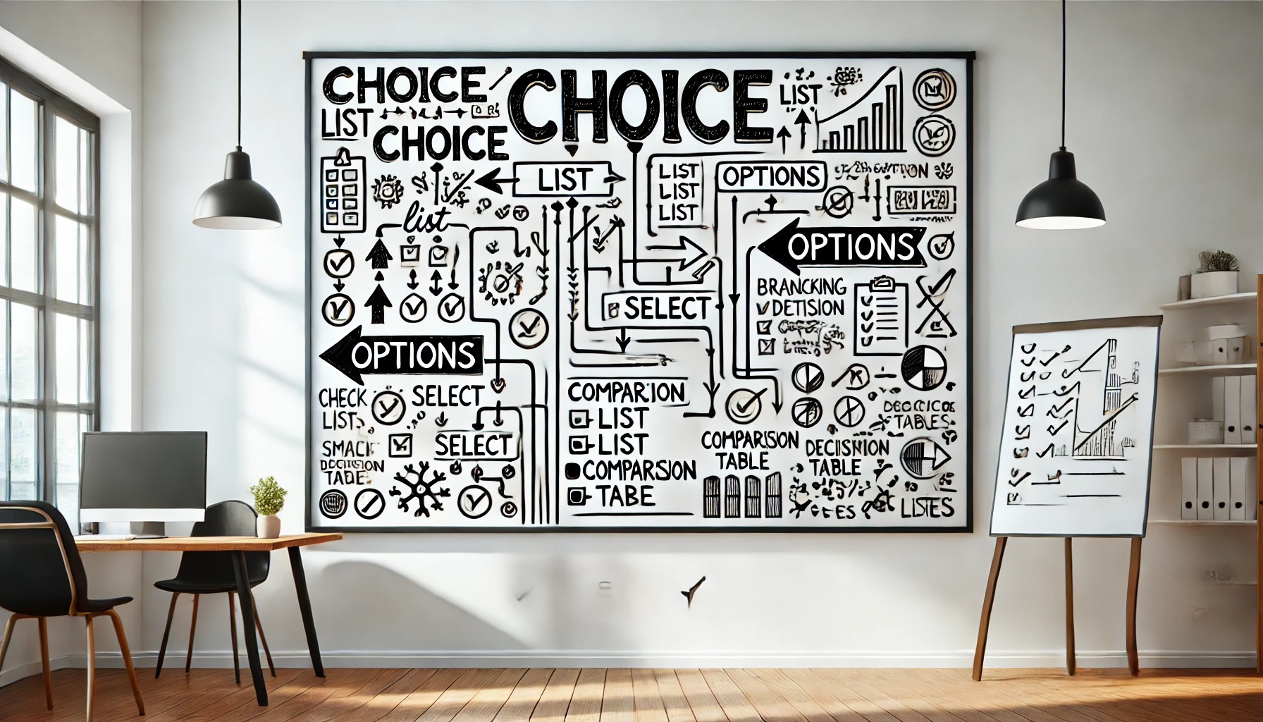 様々な選択肢が書かれたホワイトボード