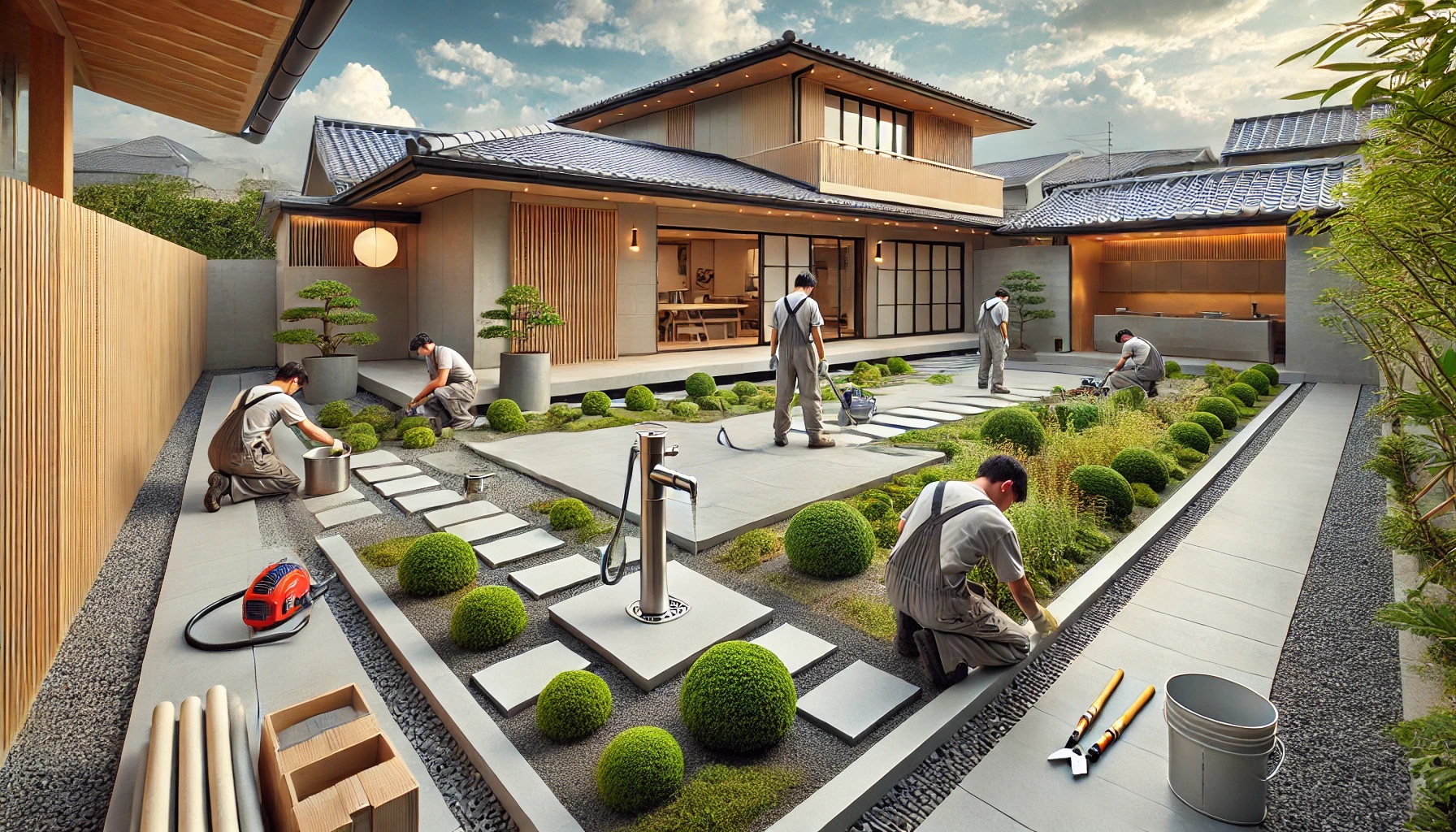 立水栓や庭木の手入れなど作業をしている業者