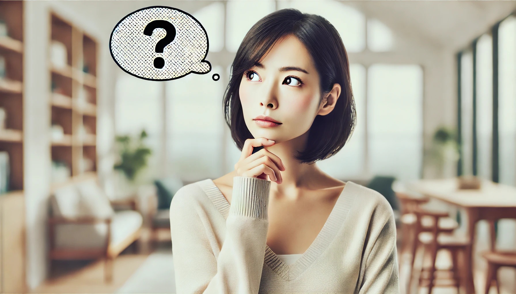 考え事そしている女性、頭の上にハテナ