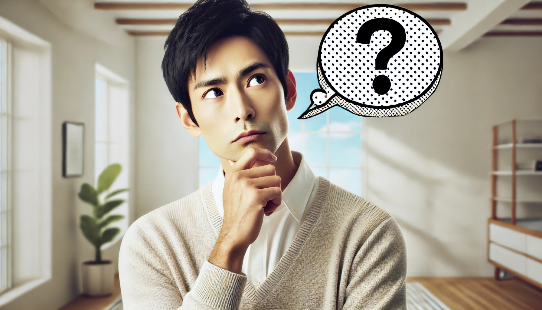 考え事をする男性、頭の上にハテナ