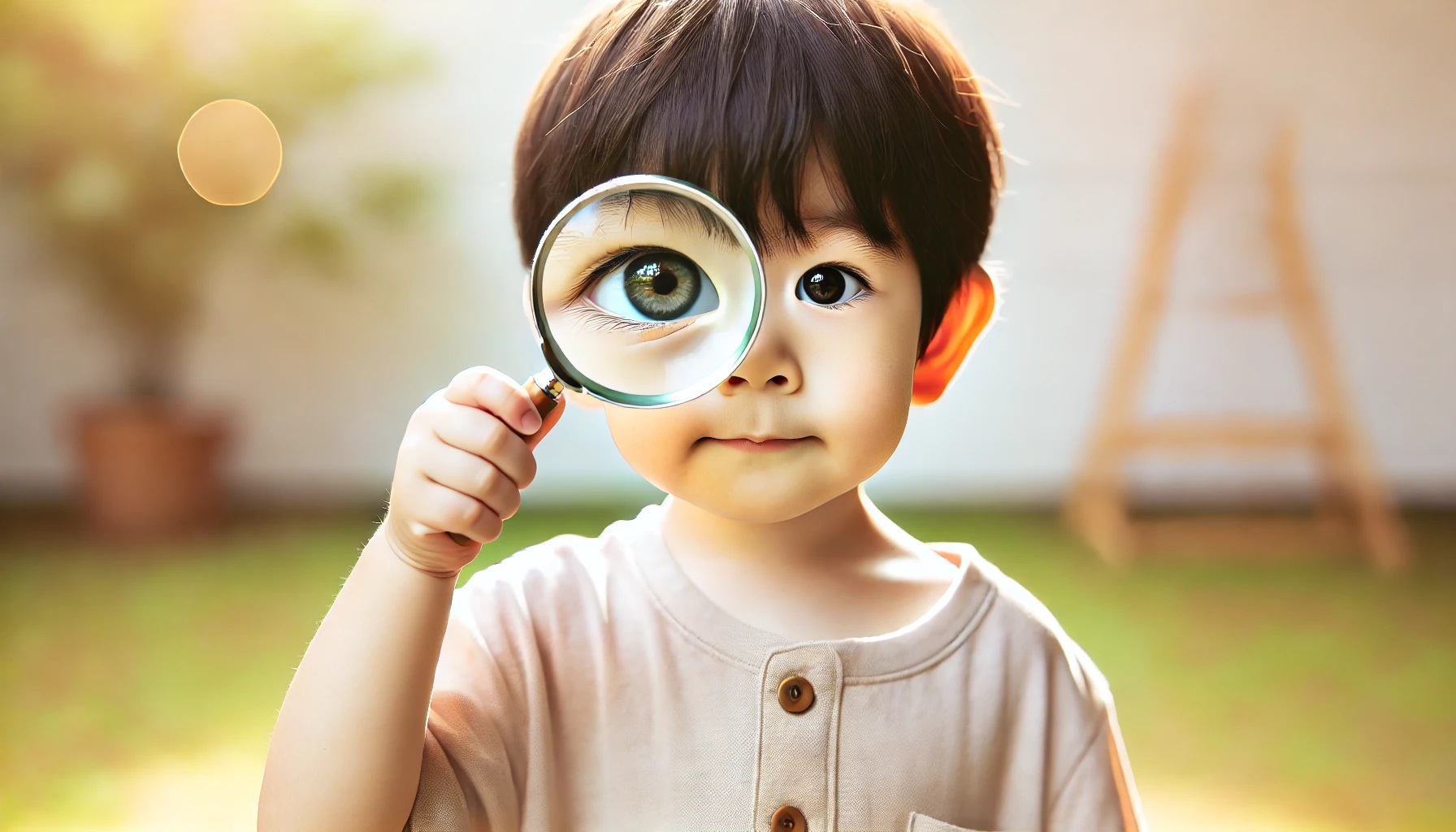 虫眼鏡でこちらを見る男の子