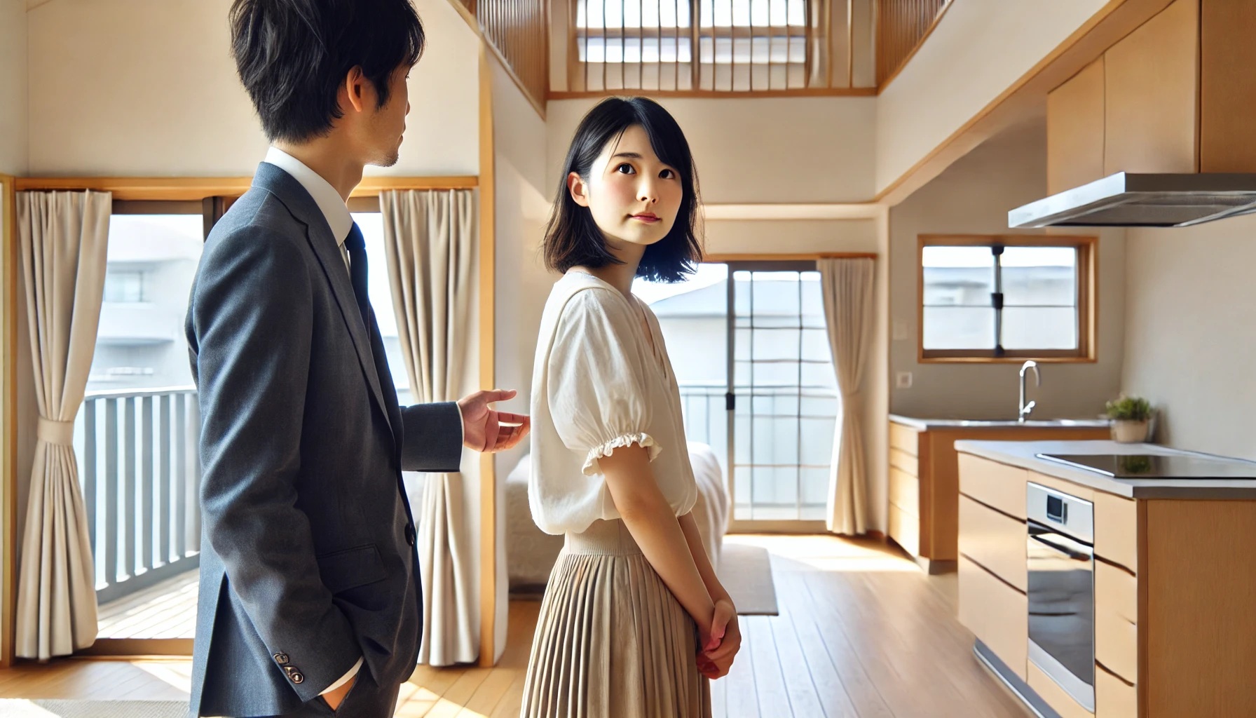 賃貸物件の内見をする女性と不動産会社の男性